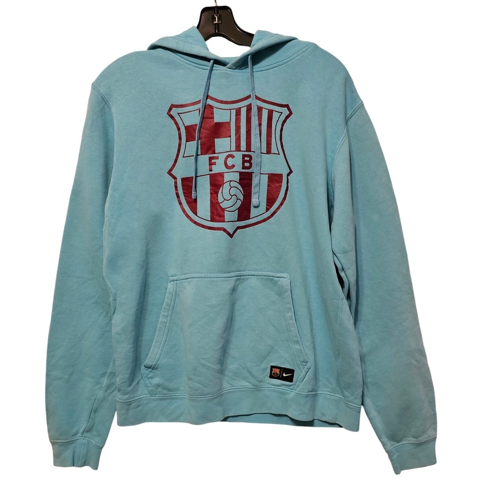 Nike FC Barcelona Hoodie Mens Medium Light Blue FCB Crest Pullover Sweatshirt